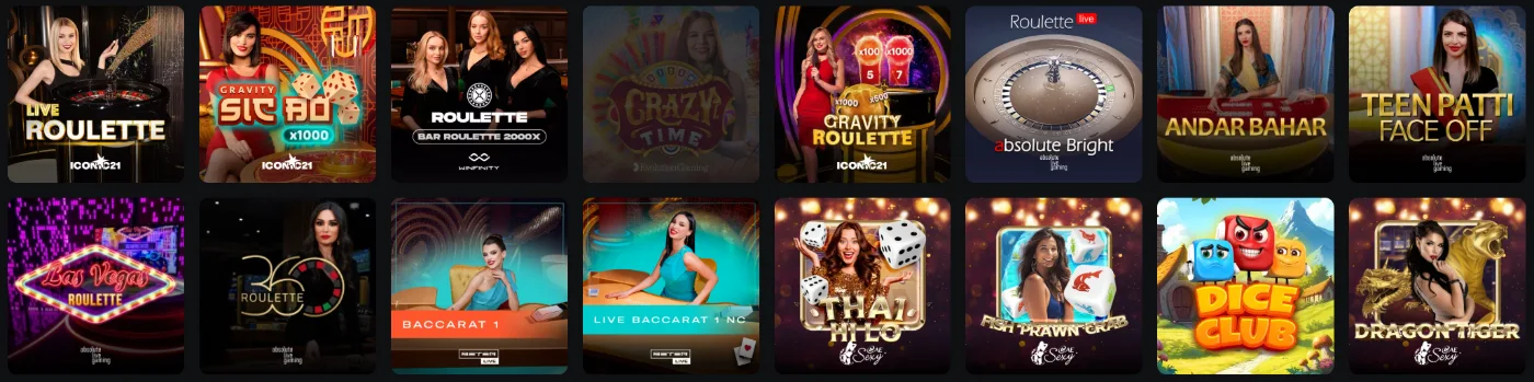 Wildzy Casino overzicht met live casino spellen zoals roulette, baccarat en dice games
