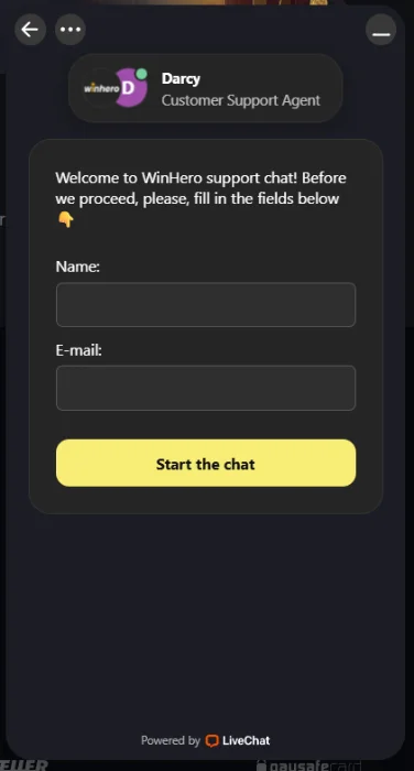 WinHero Casino klantenservice livechat met naam en e-mail formulier