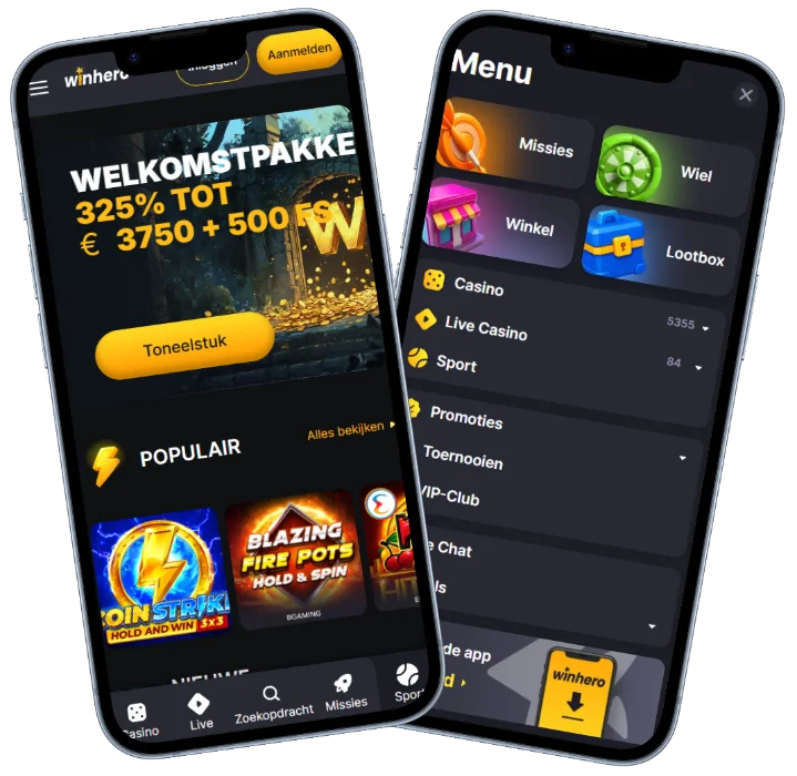 WinHero Casino mobiele app met welkomstpakket, menu en casinospellen