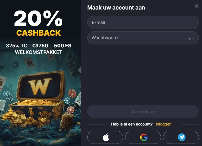 WinHero Casino registratieformulier met cashback en welkomstpakket bonus